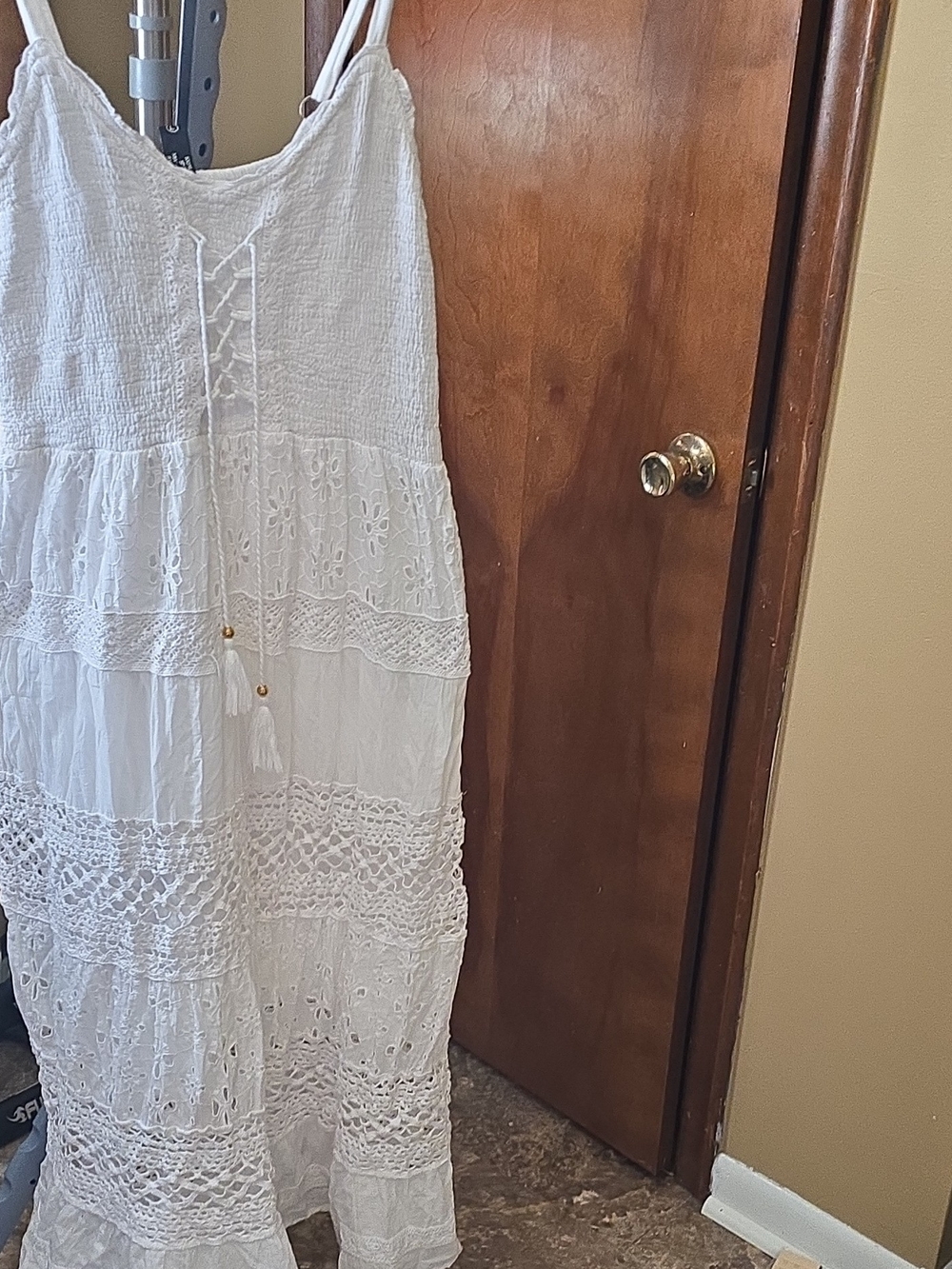 White Lace Tiered Maxi Dress with Tassel Tie